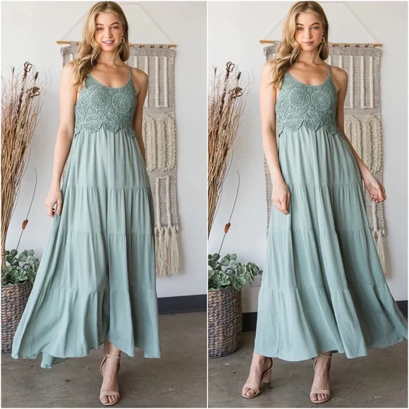 1 LEFT! Sage Green Crochet Lace Long Maxi Dress Smocked - Picture 4 of 6